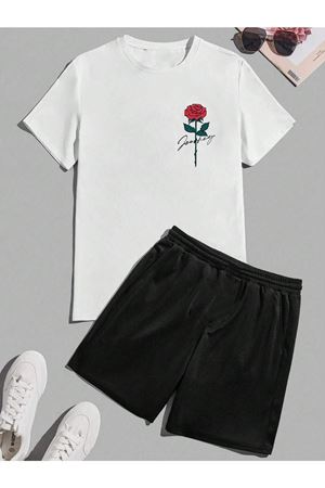 Gül Yazılı T-Shirt Şort - Beyaz Siyah Alt Üst Takım Şort Tişört Kombin Baskılı Bisiklet Yaka