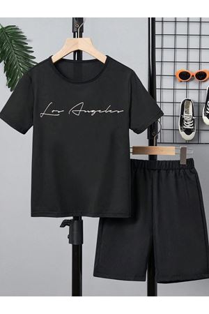 Losangeles Baskılı Pamuklu Çocuk Siyah Şort T-shirt Takım - Kız Erkek Çocuk Yazlık Bisiklet Yaka