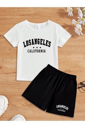 Losangeles Baskı Pamuk Çocuk Takım Beyaz T-shirt Siyah Şort - Kız Erkek Çocuk Yazlık Bisiklet Yaka