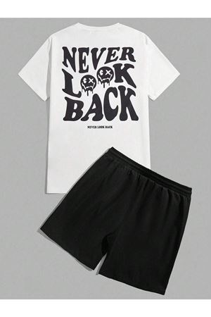Never Look Back T-Shirt Şort - Beyaz Siyah Alt Üst Takım Şort Tişört Kombin Baskılı Bisiklet Yaka