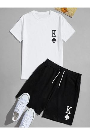 K Desen T-shirt Şort - Beyaz Siyah Alt Üst Kombin Şort Tişört Takım Baskılı Oversize Bisiklet Yaka