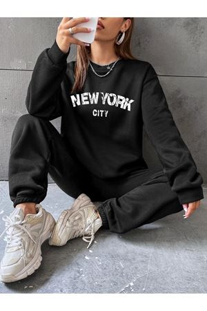 New York City Eşofman Takımı Sweatshirt Jogger - Siyah Baskılı Oversize Şardonlu Bisiklet Yaka
