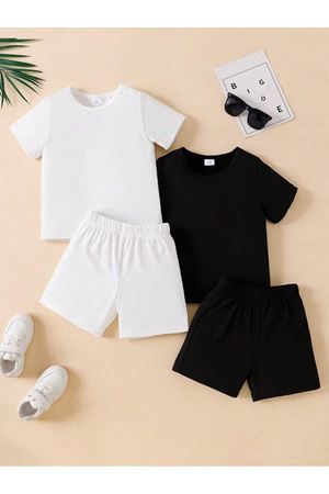 2'lİ Çocuk Takım T-Shirt Şort- Siyah Beyaz Baskısız Çocuk Yazlık Bisiklet Yaka
