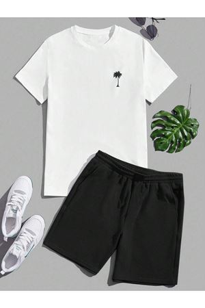Palmiye Minimal T-Shirt Şort - Beyaz Siyah Alt Üst Takım Şort Tişört Kombin Baskılı Bisiklet Yaka
