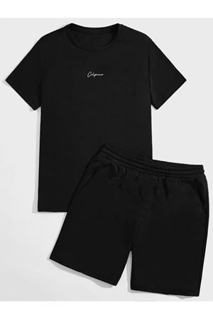 California İmza T-Shirt Şort - Siyah Alt Üst Takım Şort Tişört Kombin Baskılı Bisiklet Yaka