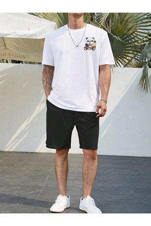 Panda Kung Fu T-Shirt Şort - Beyaz Siyah Alt Üst Takım Şort Tişört Kombin Baskılı Bisiklet Yaka