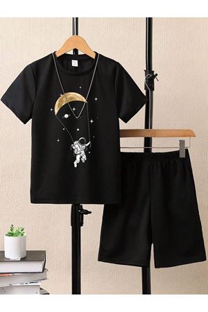 Astronot Baskılı Pamuklu Siyah Çocuk Şort T-shirt Takım - Kız Erkek Çocuk Yazlık Bisiklet Yaka