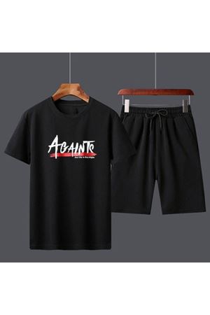 Againts T-Shirt Şort - Siyah Alt Üst Takım Şort Tişört Kombin Baskılı Bisiklet Yaka