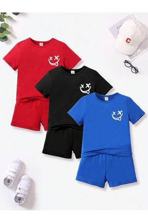 Gülen Yüz Baskılı Pamuk 3'lü Çocuk Şort T-shirt Takım- Kırmızı Siyah Saks Mavi Yazlık Bisiklet Yaka