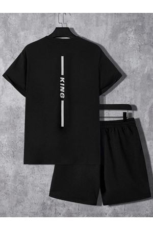 King Arka Yazı T-Shirt Şort - Siyah Alt Üst Kombin Şort Tişört Takım Baskılı Oversize Bisiklet Yaka