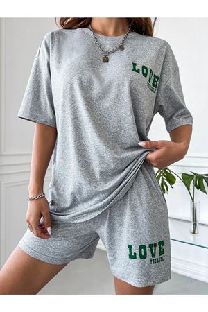 Love T-shirt Şort - Gri 2'li Kombin Şort Tişört Takım Baskılı Oversize Bisiklet Yaka