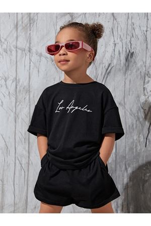 Los Angeles Baskılı Pamuklu Çocuk Takım Siyah Şort T-shirt- Çocuk Yazlık Bisiklet Yaka
