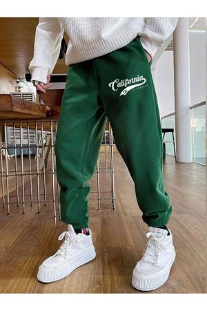 California Ca Eşofman Altı Jogger - Yeşil Baskılı Lastik Paça Yüksel Bel