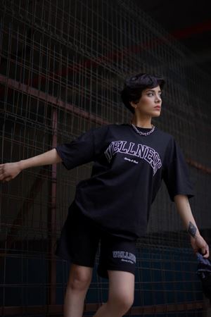 Welness T-shirt Şort - Siyah Alt Üst Kombin Şort Tişört Takım Baskılı Oversize Bisiklet Yaka