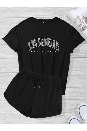 Los Angeles T-shirt Şort - Siyah 2'li Kombin Şort Tişört Takım Baskılı Oversize Bisiklet Yaka