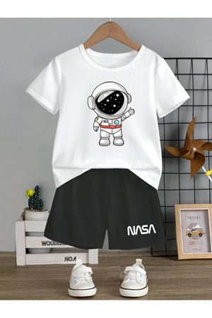 Nasa Baskı Pamuk Çocuk Takım Beyaz T-shirt Siyah Şort - Kız Erkek Çocuk Yazlık Bisiklet Yaka
