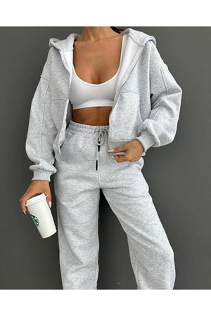 Düz Basic Hırka Eşofman Altı Jogger Alt Üst Takım - Gri Fermuarlı Oversize Kapüşonlu