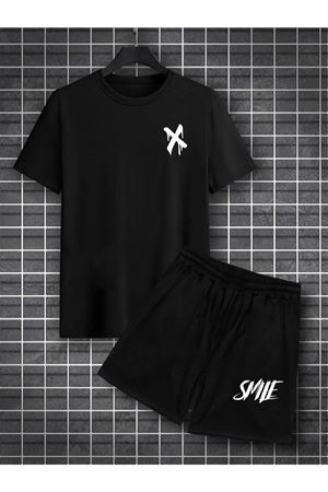 X Smile T-Shirt Şort - Siyah Alt Üst Kombin Şort Tişört Takım Baskılı Oversize Bisiklet Yaka