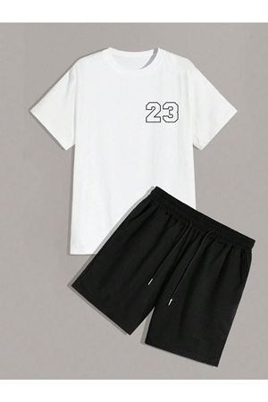 23 Sayılı T-Shirt Şort - Beyaz Siyah Alt Üst Takım Şort Tişört Kombin Baskılı Bisiklet Yaka