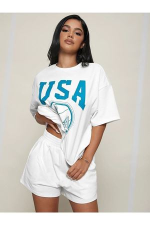 Usa Basketball T-Shirt Şort - Beyaz Alt Üst Kombin Şort Tişört Takım Baskılı Oversize Bisiklet Yaka
