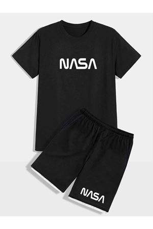 Nasa T-Shirt Şort - Siyah Alt Üst Kombin Şort Tişört Takım Baskılı Oversize Bisiklet Yaka