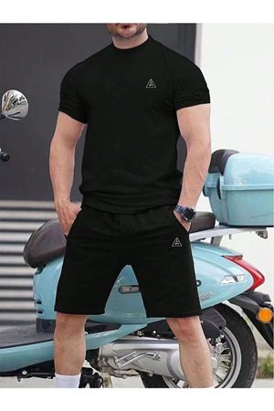 Ufo Logo T-Shirt Şort - Siyah Alt Üst Kombin Şort Tişört Takım Baskılı Oversize Bisiklet Yaka