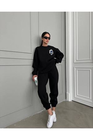 Val Mountain Logo Eşofman Takımı Sweatshirt Jogger - Siyah Baskılı Oversize Şardonlu Bisiklet Yaka