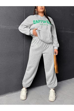 Eşofman Takımı Sweatshirt - Gri Baskılı Oversize Şardonlu Kapüşonlu