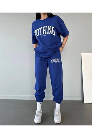 Nothing T-shirt Eşofman Altı Jogger Mavi Baskılı Alt Üst Eşofman Takım Oversize Bisiklet Yaka
