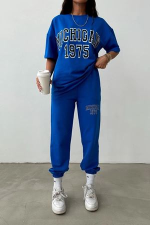 T-shirt Eşofman Altı Jogger- Mavi Baskılı Alt Üst Eşofman Takımı Oversize Bisiklet Yaka