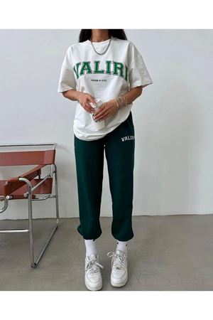 Valiri T-shirt Eşofman Altı Jogger- Yeşil Beyaz Baskılı Alt Üst Eşofman Takım Oversize Bisiklet Yak