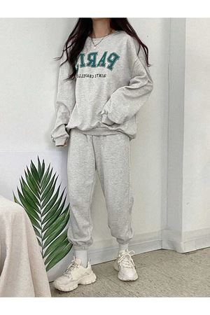 Paris Sainte Eşofman Takımı Sweatshirt Jogger - Gri Baskılı Oversize Şardonlu Bisiklet Yaka