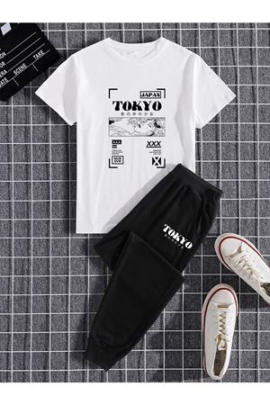 Tokyo Beyaz T-shirt Siyah Eşofman Altı Jogger - Baskılı Alt Üst Eşofman Takım Oversize Bisiklet Yak