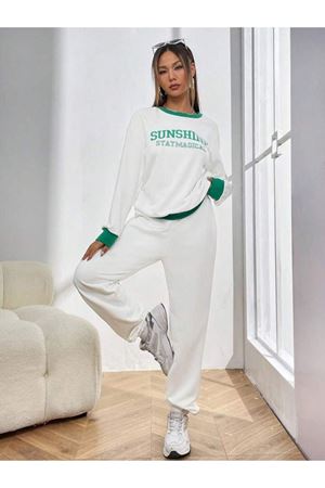 Sunshine Stay Magical Eşofman Takımı Sweatshirt Jogger - Beyaz Baskılı Oversize Bisiklet Yaka