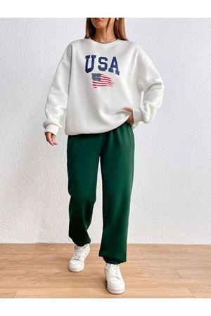 Usa Bayrak Eşofman Takımı Beyaz Sweatshirt YeşilJogger - Baskılı Oversize Şardonlu Bisiklet Yaka