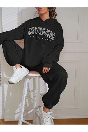 Los Angeles Angels Eşofman Takımı Sweatshirt Jogger - Siyah Baskılı Oversize Şardonlu Kapüşonlu