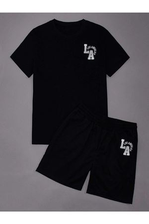 La Los Angeles T-Shirt Şort - Siyah Alt Üst Kombin Şort Tişört Takım Baskılı Oversize Bisiklet Yaka