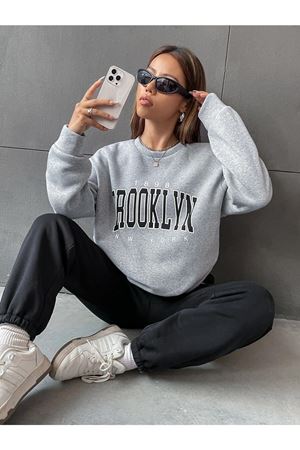1898 Brooklyn Eşofman Takımı Gri Sweatshirt Siyah Jogger - Baskılı Oversize Şardonlu Bisiklet Yaka