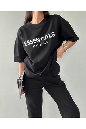 Essentials T-Shirt Eşofman Altı Jogger- Siyah Baskı Alt Üst Eşofman Takımı Oversize Bisiklet Yaka