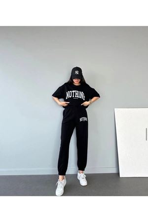 Nothing T-shirt Eşofman Altı Jogger- Siyah Baskılı Alt Üst Eşofman Takım Oversize Bisiklet Yaka