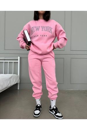 New York New York Eşofman Takımı Sweatshirt Jogger - Pembe Baskılı Oversize Şardonlu Bisiklet Yaka