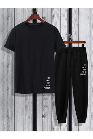 It's Okey T-shirt Eşofman Altı Jogger- Siyah Baskılı Alt Üst Eşofman Takım Oversize Bisiklet Yaka