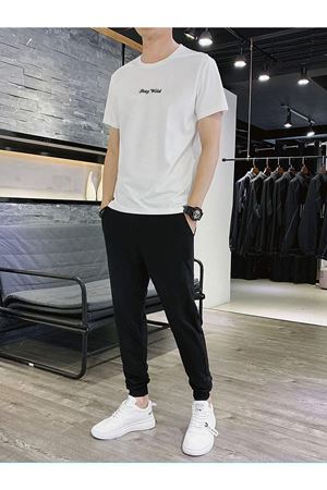 Beyaz T-shirt Siyah Eşofman Altı Jogger - Baskılı Alt Üst Eşofman Takım Oversize Bisiklet Yaka