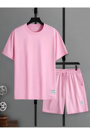 pembe kadın baskılı alt ust şortlu oversize takım