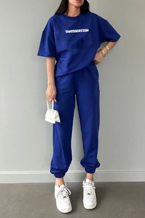 Thatssofetch T-shirt Eşofman Altı Jogger - Mavi Baskı Alt Üst Eşofman Takımı Oversize Bisiklet Yaka