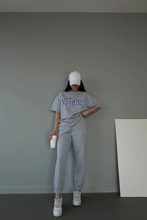 Nothing T-shirt Eşofman Altı Jogger- Gri Baskı Alt Üst Eşofman Takımı Oversize Bisiklet Yaka