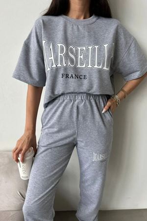 Marseille T-shirt Eşofman Altı Jogger - Gri Baskılı Alt Üst Eşofman Takımı Oversize Bisiklet Yaka