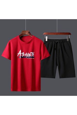 Againts T-Shirt Şort - Kırmızı Siyah Alt Üst Takım Şort Tişört Kombin Baskılı Bisiklet Yaka