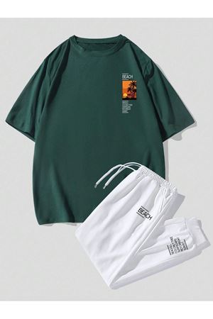 Beach T-Shirt Eşofman Altı Jogger - Nefti Yeşil Beyaz Baskılı Eşofman Takımı Oversize Bisiklet Yaka