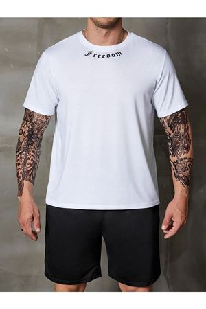 Freedom Yaka T-Shirt Şort - Beyaz Siyah Alt Üst Takım Şort Tişört Kombin Baskılı Bisiklet Yaka